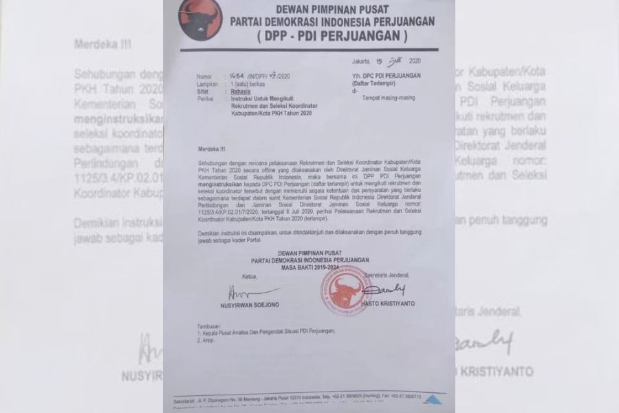 Bocor, Diduga Surat Rahasia PDIP Terkait Rekrutmen Koordinator PKH Kabupaten/Kota