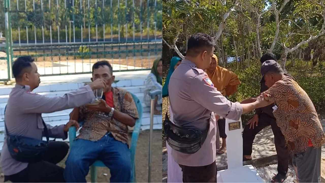 Viral, Polisi Suapi Pria Paruh Baya Terkena Struk di Makam Pahlawan Muna
