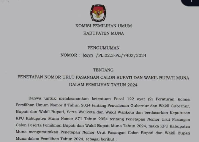 KPU Muna Umumkan Nomor Urut Calon Bupati dan Wakil Bupati Muna
