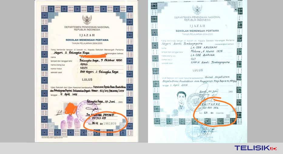 Ijazah fisik Plt. Bupati Buton Selatan (Busel), H La Ode Arusani dan ijazah fisik milik orang lain yang dijadikan pembanding. Da