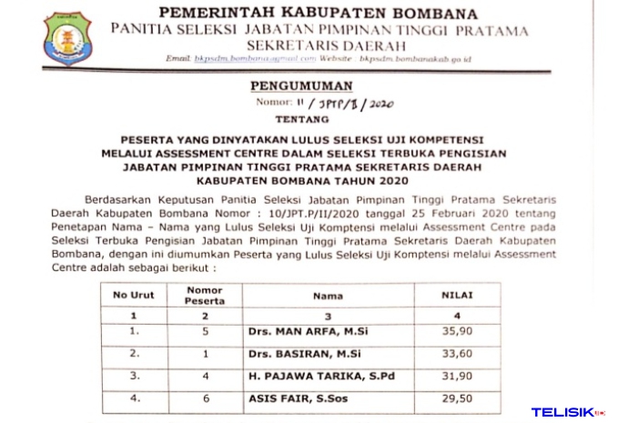 Pengumuman hasil asesmen calon Sekda Kabupaten Bombana. Foto: Hir/Telisik