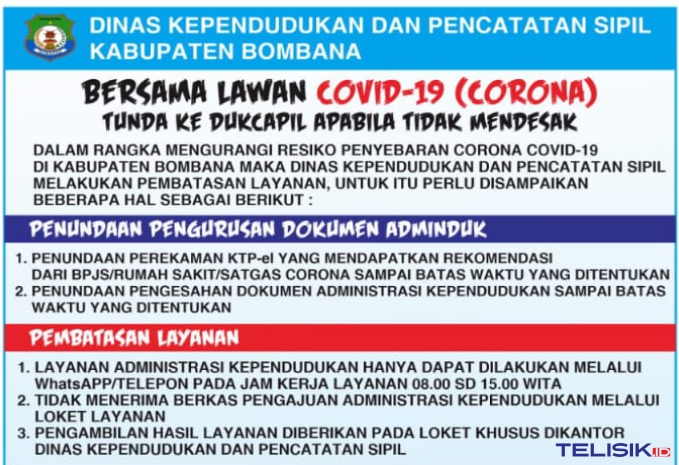 Kontak pelayanan Dinas Kependudukan dan Catatan Sipil Kabupaten Bombana. Foto: Istimewa