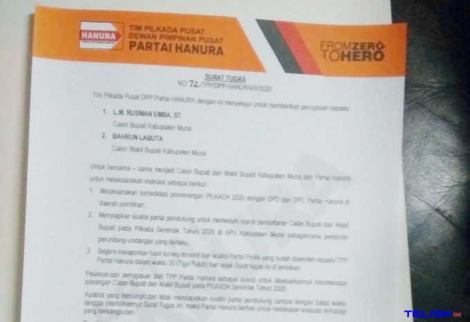  Surat tugas dari DPP Hanura buat Rusman Emba. Foto : Istimewa