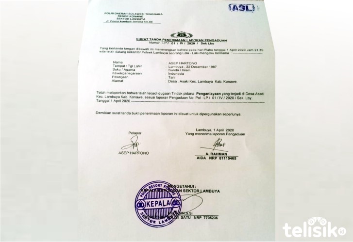 Surat tanda penerimaan laporan pengaduan korban Asep Hartono di Polsek Lambuya. Foto: Ist