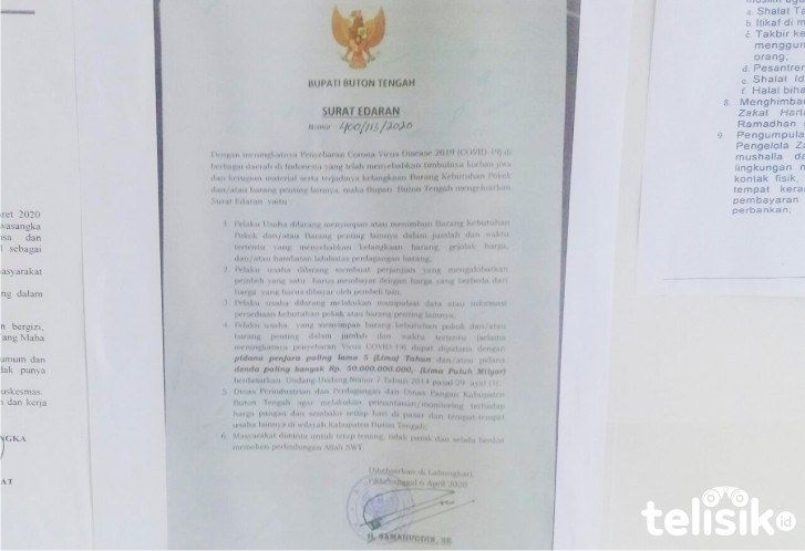 Surat Edaran Bupati Buton Tengah terkait larangan menimbun sembako. Foto: Mutarfin/Telisik