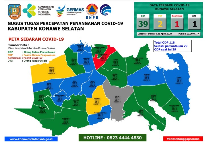 Peta sebaran COVID-19 Konsel, Minggu ( 26/4/2020 ). Foto: Ist.