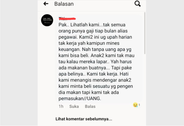 Salah satu akun Facebook yang mengeluh karena tak dapat bantuan sembako. Foto: Musdar/Telisik