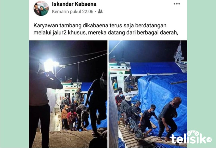 Puluhan tenaga lerja tambang saat tiba di Kabaena, postingan di akun Facebook milik Iskandar Kabaena. Foto: Hir/Telisik
