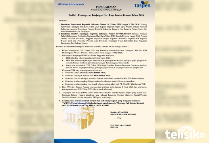 Pengumuman pembayaran THR pensiunan tahun 2020 oleh PT. TASPEN Foto: Ist