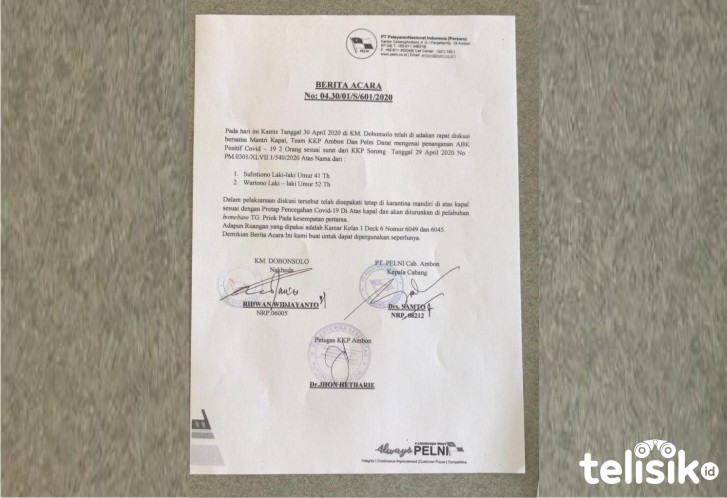 Berita acara yang menyatakan bahwa dua ABK KM Dobonsolo yang positif COVID-19 telah dikarantina mandiri di atas kapal. Foto: Ist.