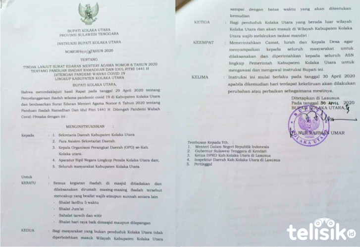Instruksi Bupati Kolaka Utara yang melarang segala aktivitas ibadah di masjid mulai hari ini. Foto: Muh. Risal/Telisik