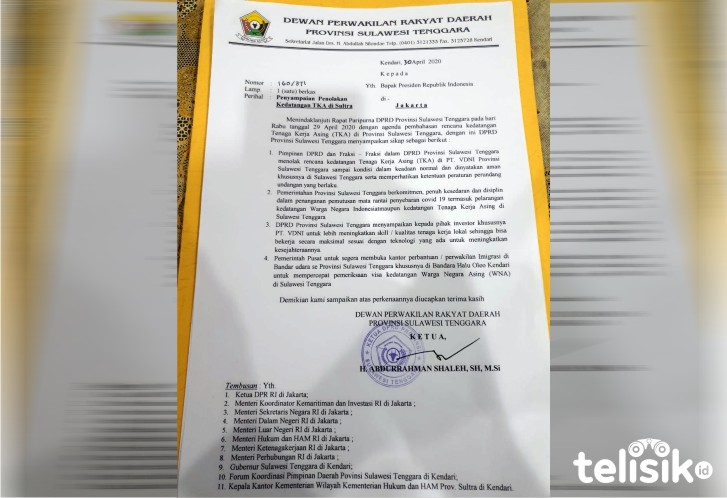 Surat DPRD Sultra perihal penolakan kedatangan TKA di Sultra. Foto: Ist.