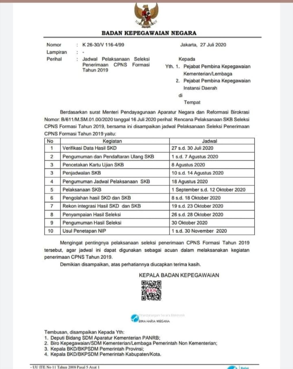 Edaran dari BKN, terkait seleksi SKB CPNS 2019. Foto: Wartakota.tribunnews.com