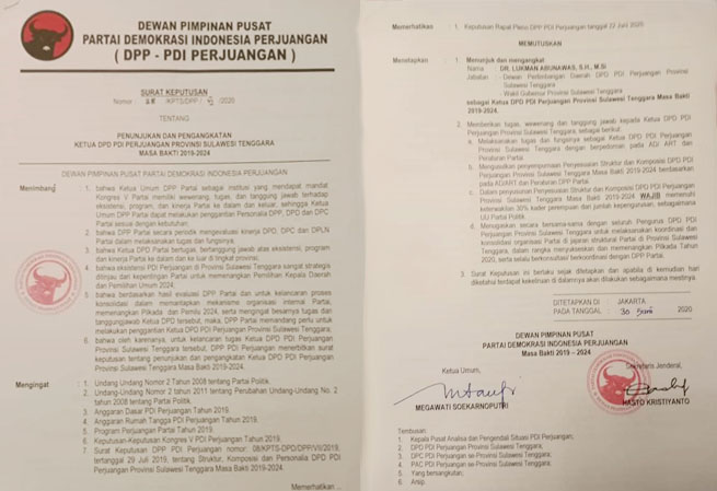 SK Penujukan Lukman Abunawas sebagai Ketua DPD PDIP Sultra. Foto: Ist.