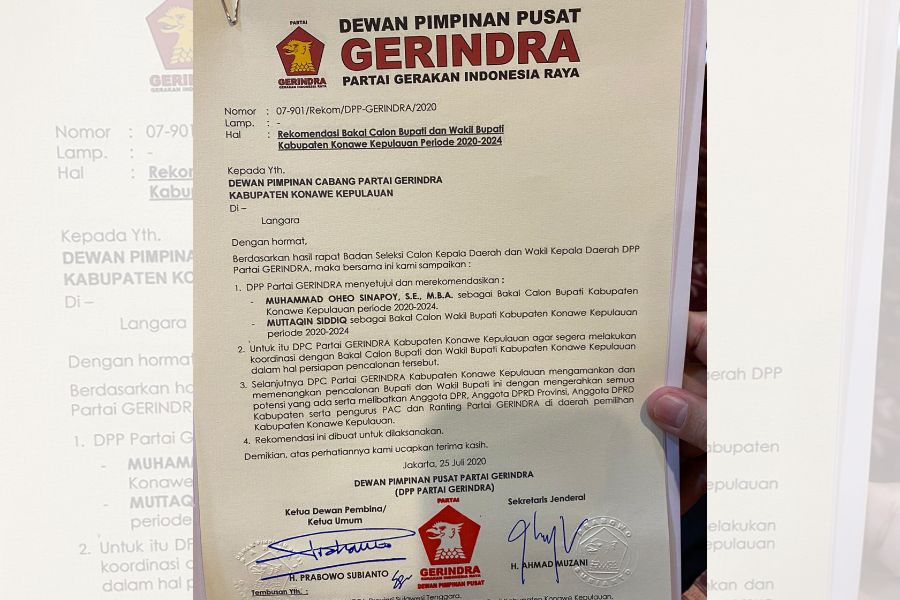 Surat rekomendasi DPP Gerinda untuk Oheo Sinapoy-Muttaqin Siddiq. Foto: Ist.