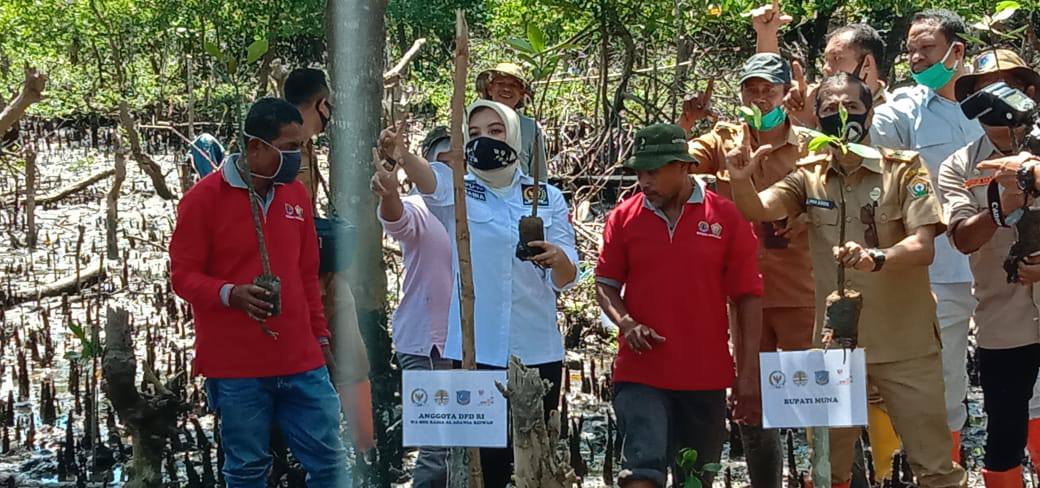 Wa Ode Rabiah Al Adwiah Ridwan, Anggota DPD-RI bersama Pj Sekda Muna, Muhamad Djudul secara simbolis menanam bibit mangrove. Foto: Sunaryo/Telisik