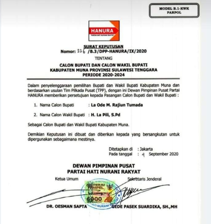 Rekomendasi Hanura buat pasangan RAPI. Foto: Ist.