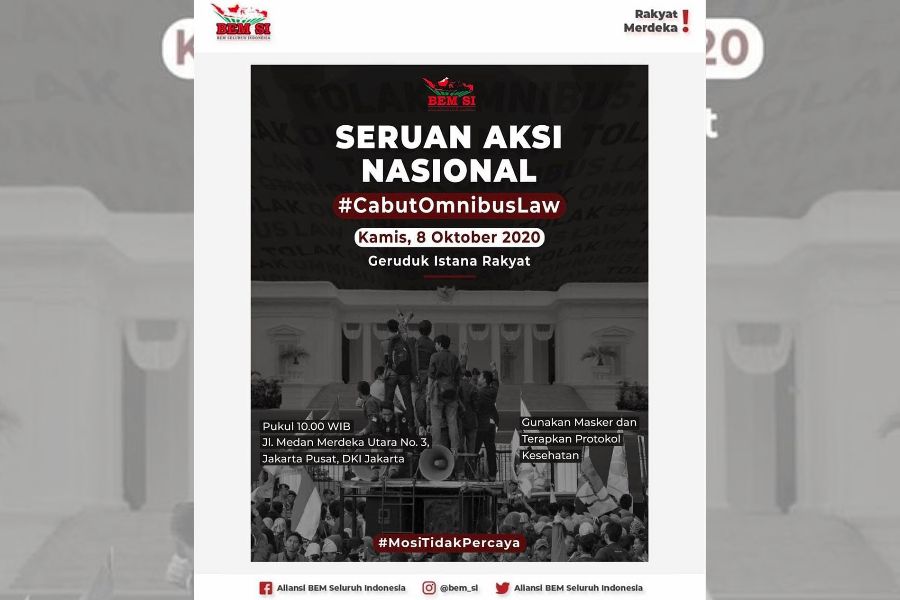 Seruan aksi BEM Seluruh Indonesia untuk menggelar demonstrasi besar-besaran tolak Omnibus Law. Foto: Repro Instagram