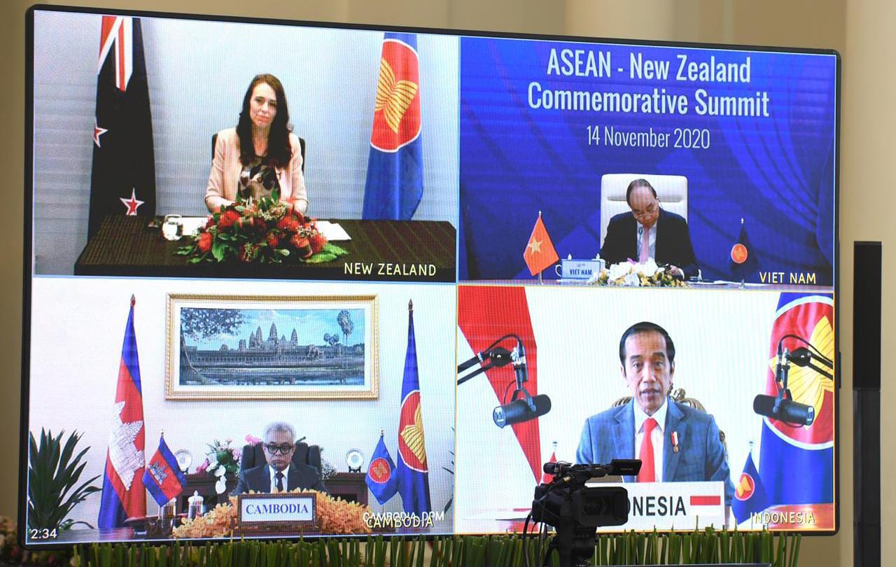 Presiden Joko Widodo ketika menghadiri KTT ASEAN-Selandia Baru dari Istana Kepresidenan Bogor, Sabtu (14/11/2020) secara virtual. Foto: Ist.