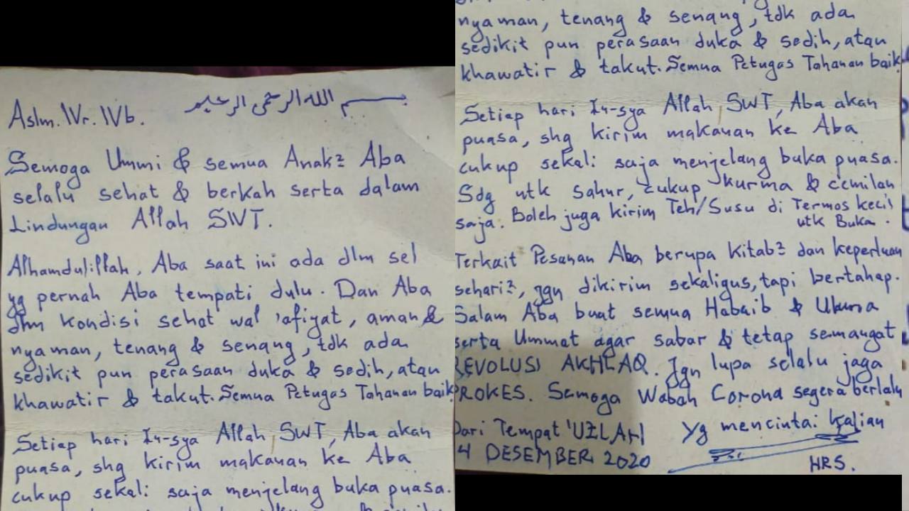 Isi surat Habib Rizieq Shihab. Foto: Ist.