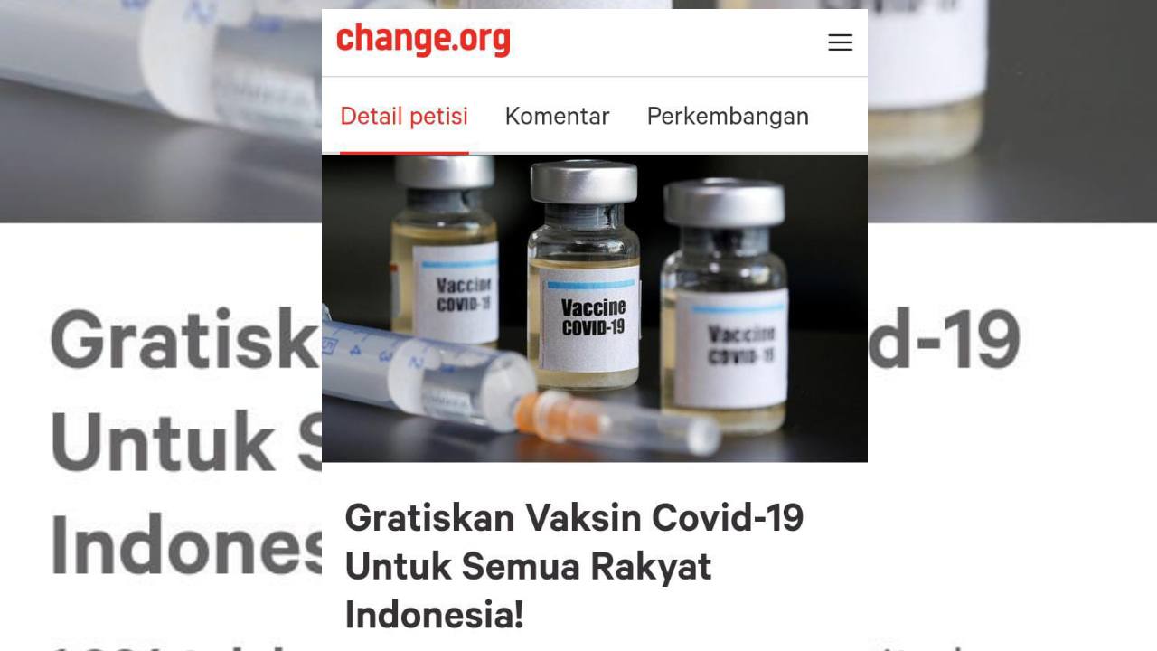 Screen shot petisi desakan gratiskan vaksin untuk seluruh rakyat Indonesia di Change.org. Foto: Marwan Azis/Telisik