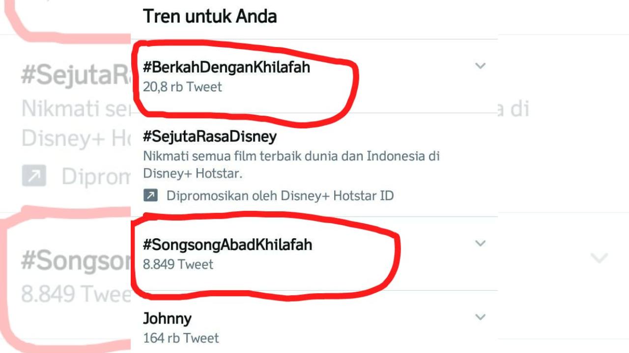 Dua tagar yang mengangkat ide Khilafah trending di Twitter. Foto: Hasil screen shot Twitter