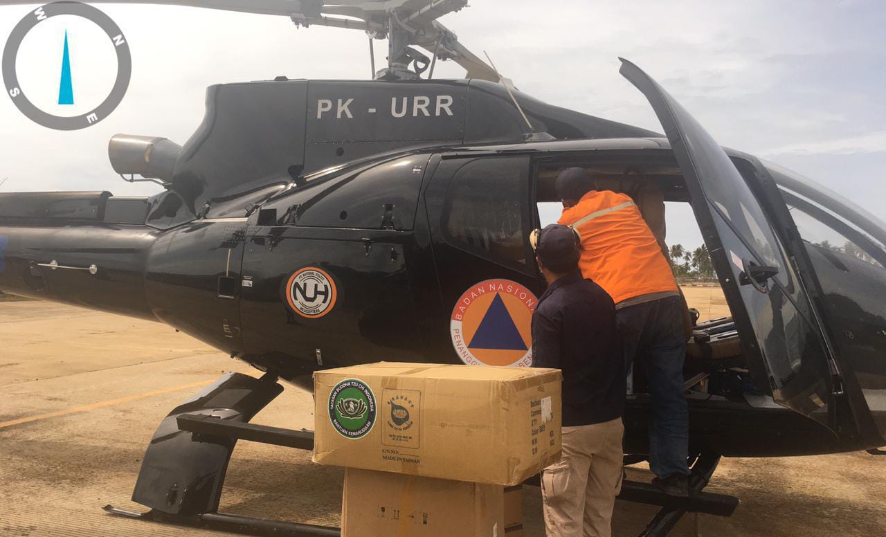 BNPB distribusikan bantuan untuk korban gempa Sulbar dengan menggunakan helikopter. Foto: Ist.