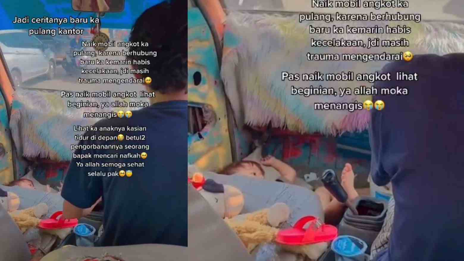 Sopir angkot membawa serta anak balitanya saat bekerja, viral di sosial media. Foto: Repro Tik Tok