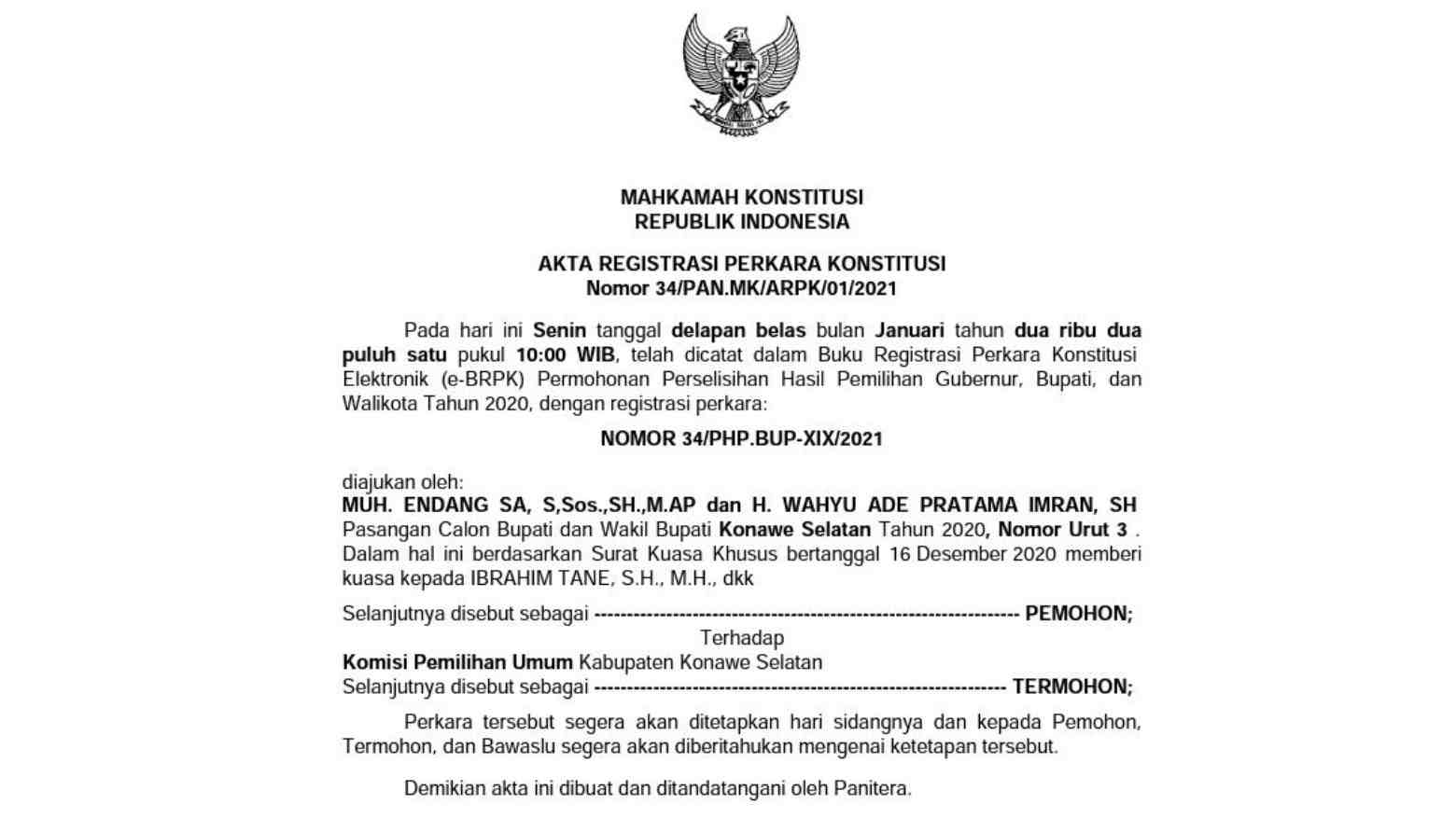 Bukti registrasi perkara konstitusi Paslon Endang-Wahyu. Foto: Ist.