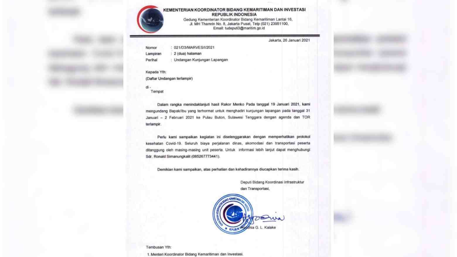 Surat Kementerian Koordinator Bidang Kemaritiman dan Investasi RI. Foto: Ist.
