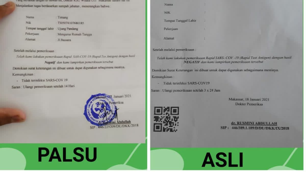 Surat hasil tes swab antigen asli dan palsu yang dikeluarkan Rumah Sakit UIT Makassar. Foto: Ist.