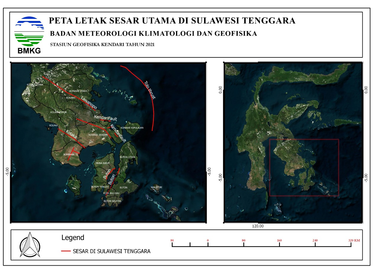 Peta letak sesar/patahan utama di Sultra, terlihat dua patahan yang ada di Konawe. Foto: BMKG Kendari