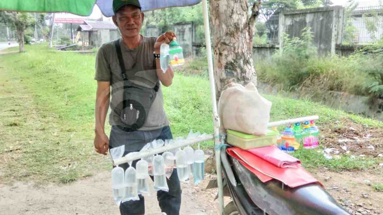 Muhtar sedang menjajakan ikan hias. Foto: Kardin/Telisik