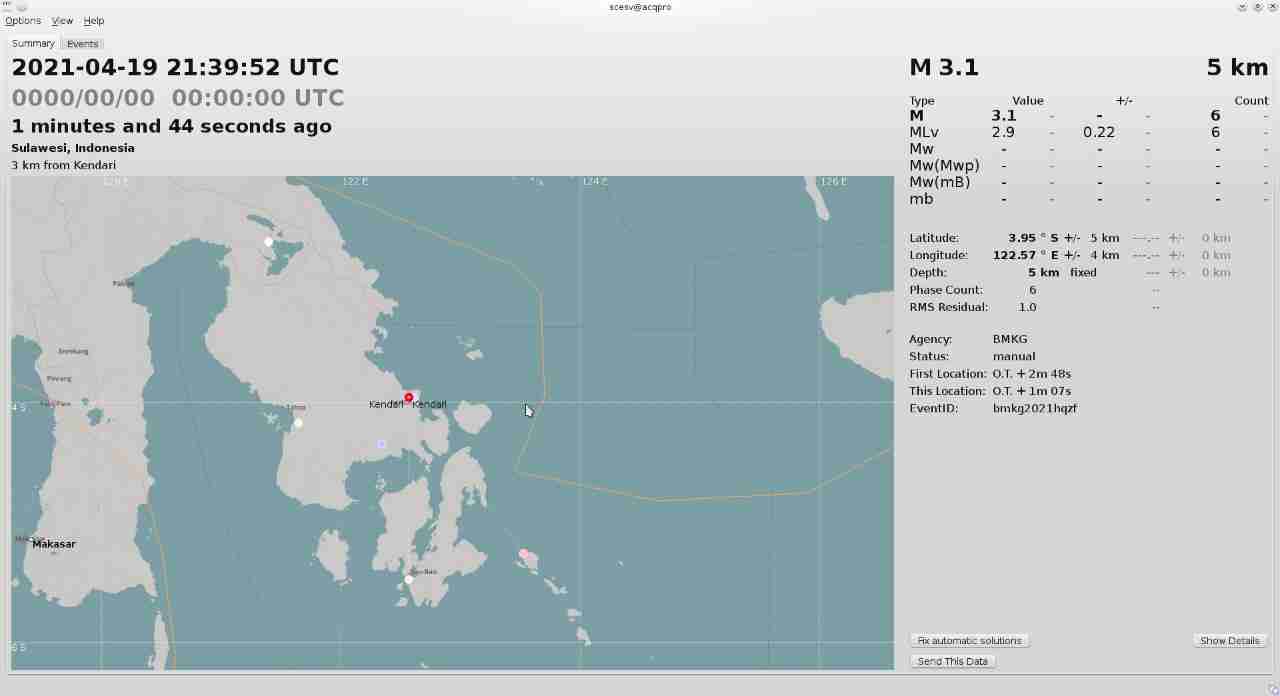 Kota Kendari diguncang gempa berkekuatan 3,1 Skala Richter (SR). Foto: Repro BMKG