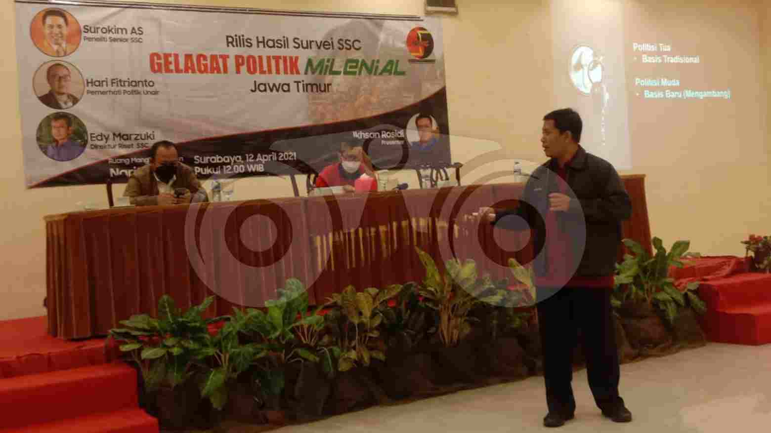 Diskusi milenial di Jatim yang digelar lembaga survei SSC. Foto: Try Wahyudi Ari Setyawan/Telisik