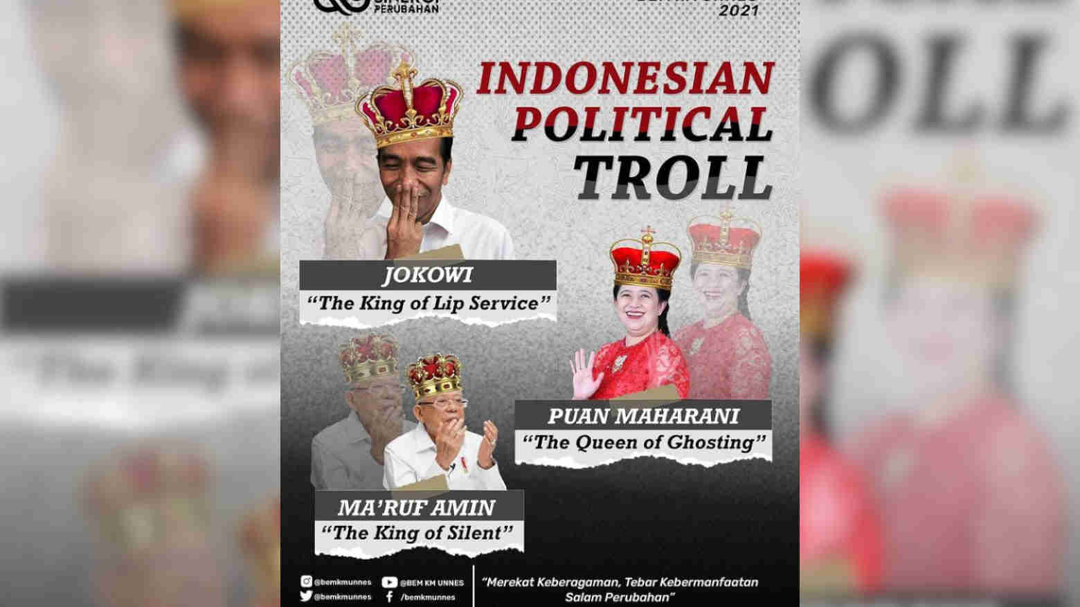 Postingan BEM KM Unnes yang menggelari Puan Maharani sebagai The Queen Of Ghosting dan Maruf Amin sebagai The King Of Silent. Foto: Ist.