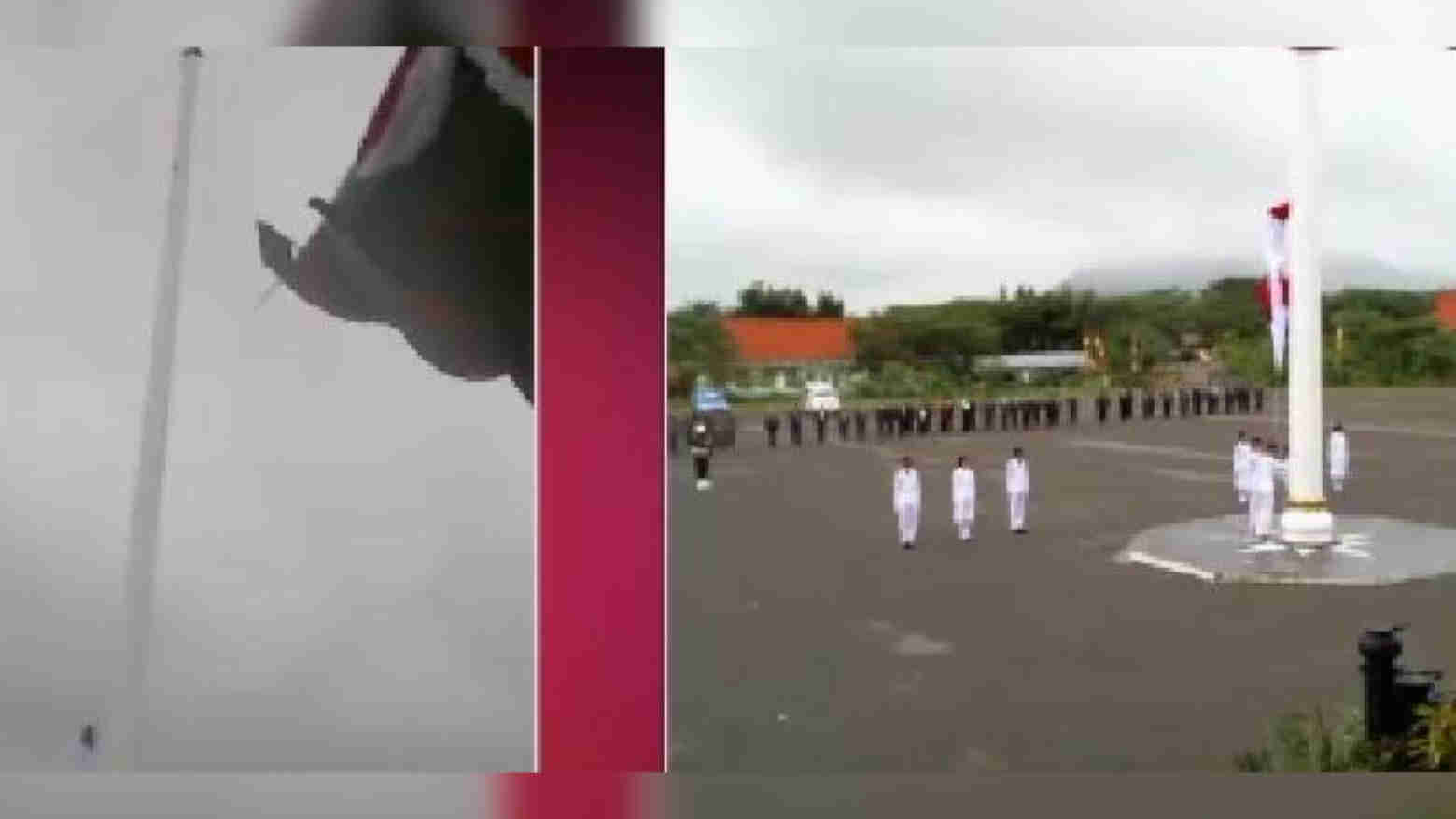 Tangkapan layar zoom Pemda Konut saat Bendera Merah Putih jatuh dari puncak tiang saat upacara peringatan HUT Kemerdekaan RI ke-76 di Konawe Utara. Foto: Ist.