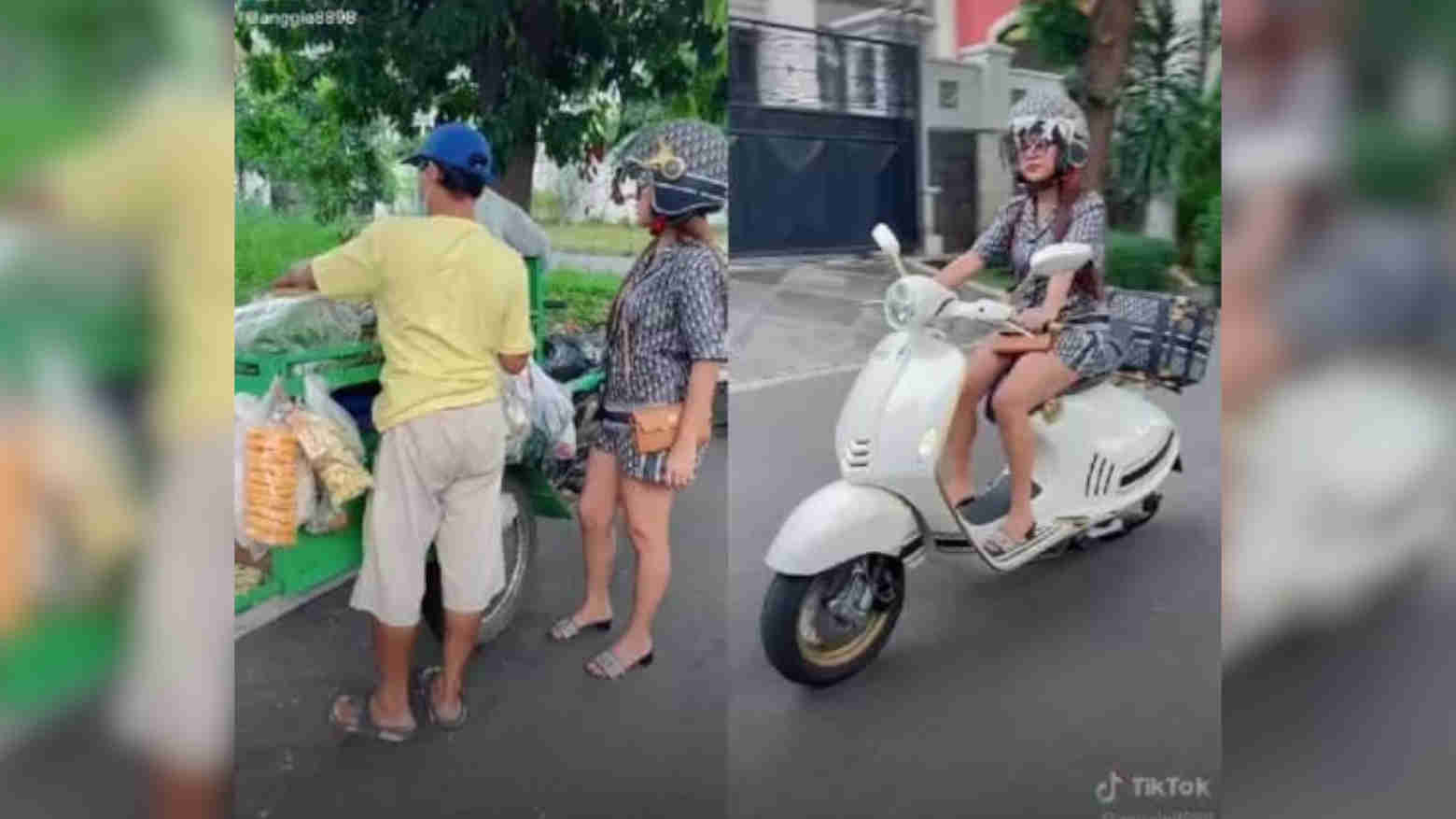 Wanita ini berbelanja sayur pakai vespa dior seharga Rp 1,35 miliar. Foto: Repro Okezone