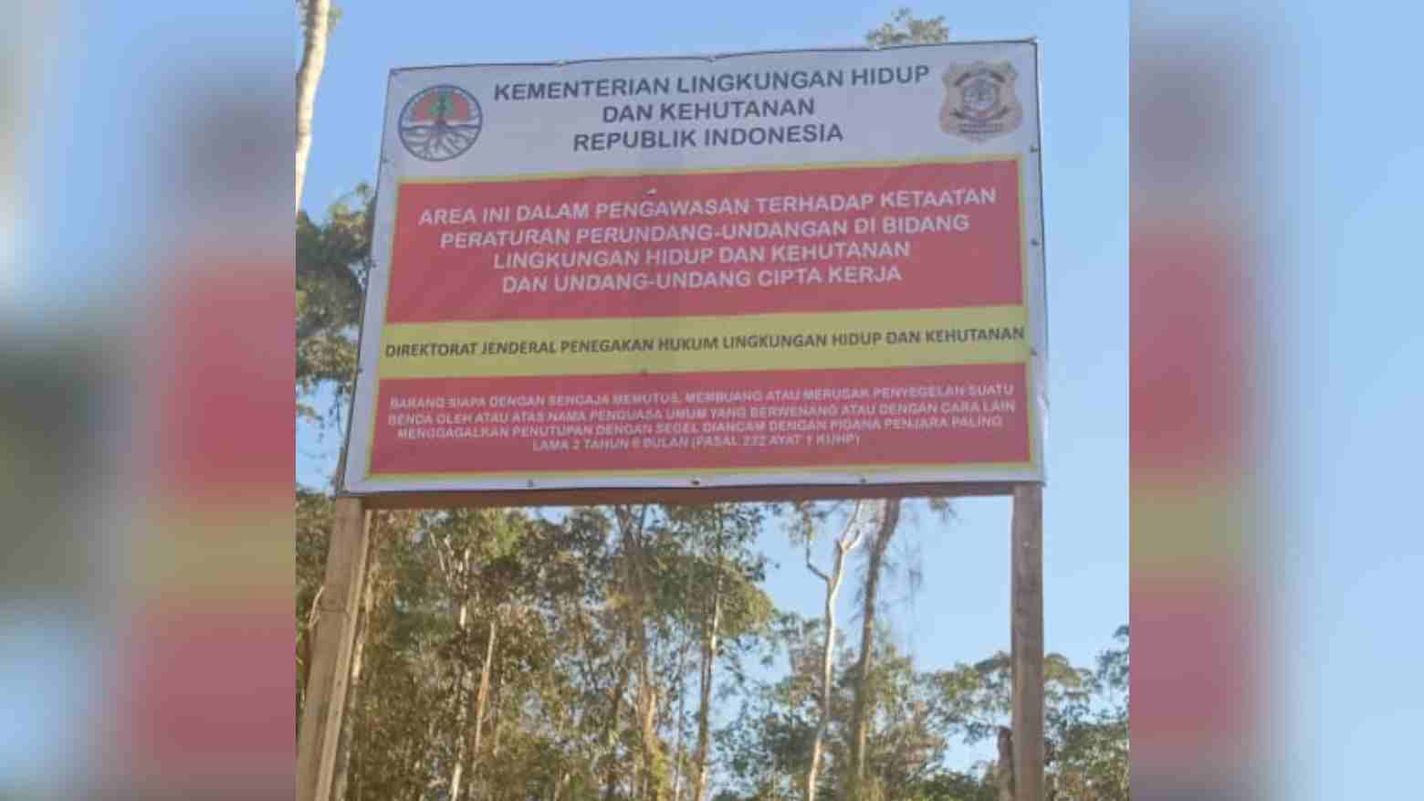Plang yang dipasang Tim Gakkum Kementerian Lingkungan Hidup dan Kehutanan di salah satu titik di kawasan blok Mandiodo Kabupaten Konawe Utara. Foto: Ist.