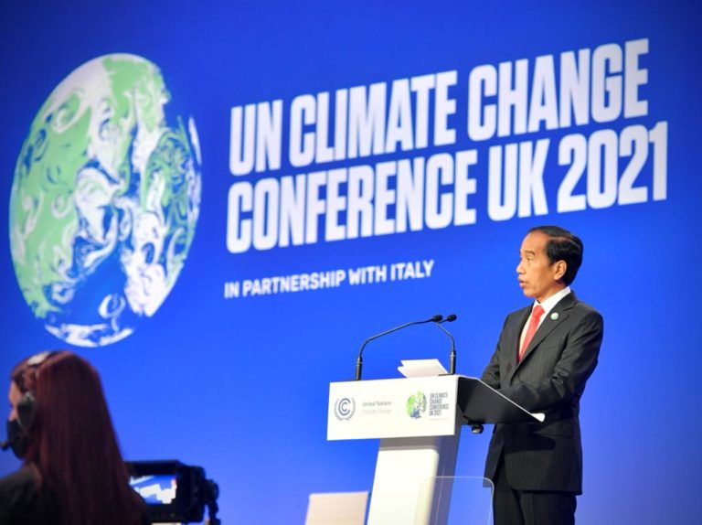 Presiden Joko Widodo ketika berpidato pada KTT Pemimpin Dunia tentang Perubahan Iklim atau COP26, di Glasgow. Foto: Setpres