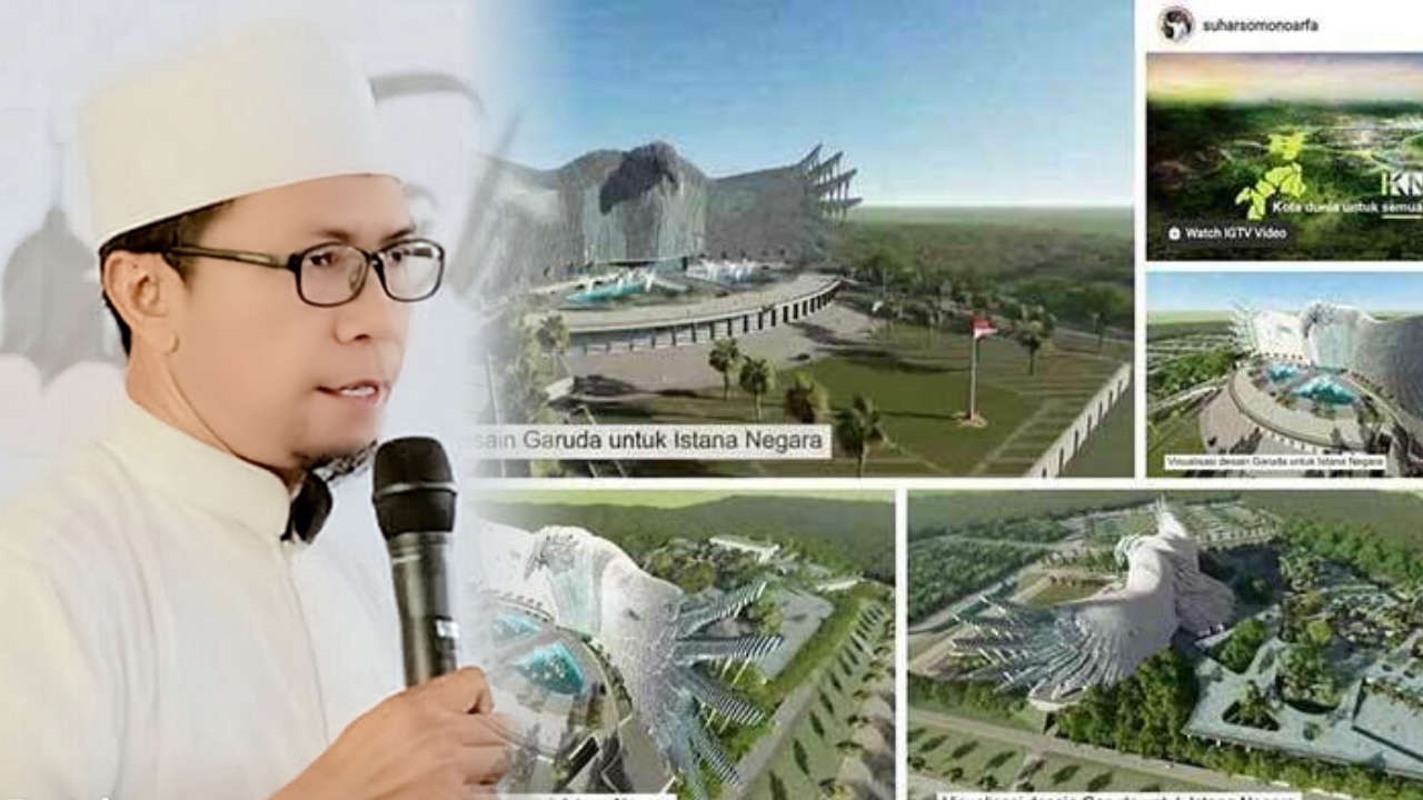 Pembina PSAD Provinsi Sultra, Yuslan Abu Fikri (kiri) dan gambar desain IKN Baru (kanan). Foto: Ist.