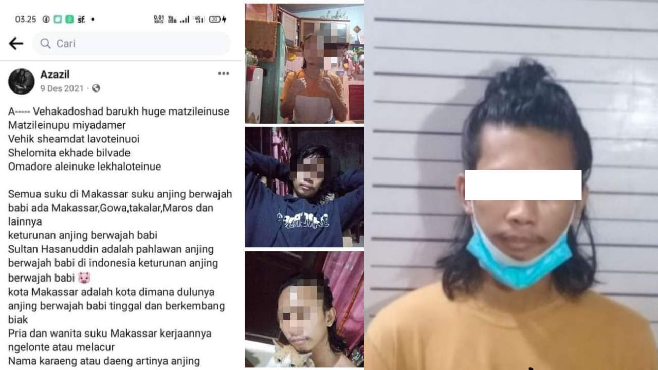 Pelaku HH dan postingannya di Facebook yang diduga menghina suku Bugis Makassar. Foto: Ist.