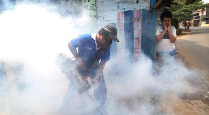 Petugas sedang melakukan pengasapan di daerah yang terindikasi adanya jentik nyamuk aedes aegypti. Foto: Repro Kompas.com