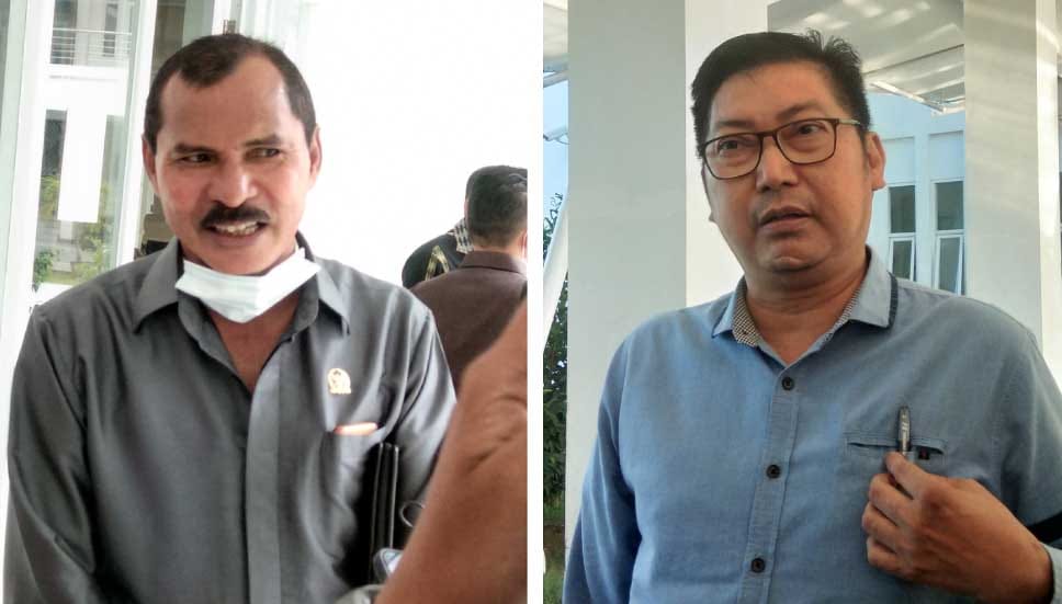 Ketua Fraksi PDIP DPRD Kendari, La Wama dan Ketua Fraksi NasDem, Abdul Rasak menuntut agar ada transparansi terkait pembebasan lahan warga di atas lokasi rencana pembangunan pabrik baterai litium. Foto: Kardin/Telisik
