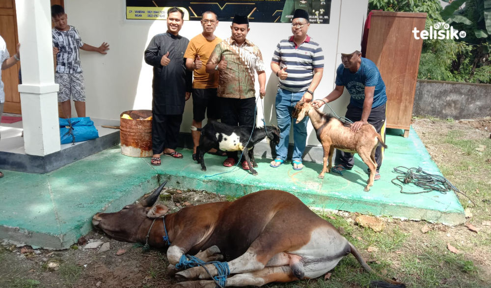 Kajari Muna, Agustinus Baka Tangdililing didampingi Kasi Intel, Fery Febrianto dan Kasi BB, Muhamad Djunaedi menyaksikan penyembelihan hewan kurban. Foto: Sunaryo/Telisik