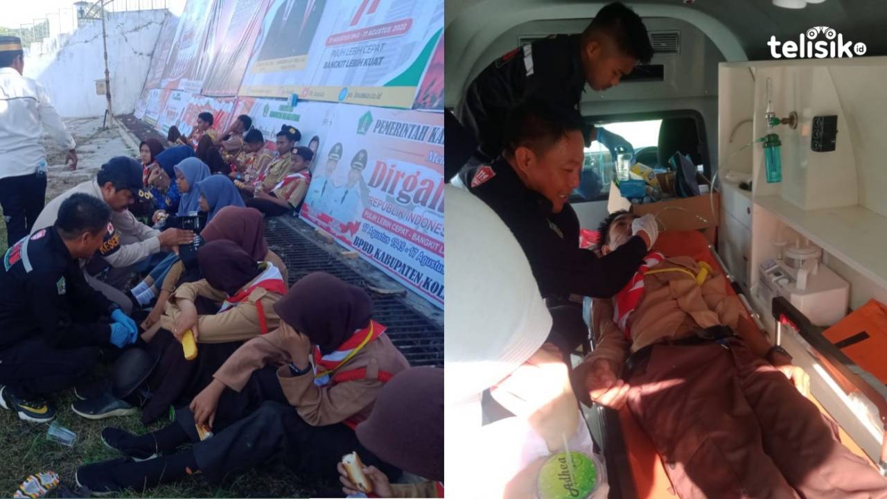 Puluhan siswa terpaksa dievakuasi ke tepi lapangan Aspirasi Lasusua oleh tim medis Polres Kolaka Utara dan tim PSC 119 Dinkes Kolaka Utara untuk mendapatkan penanganan medis. Satu orang mendapat perawatan intensif. Foto Muh Risal H/Telisik