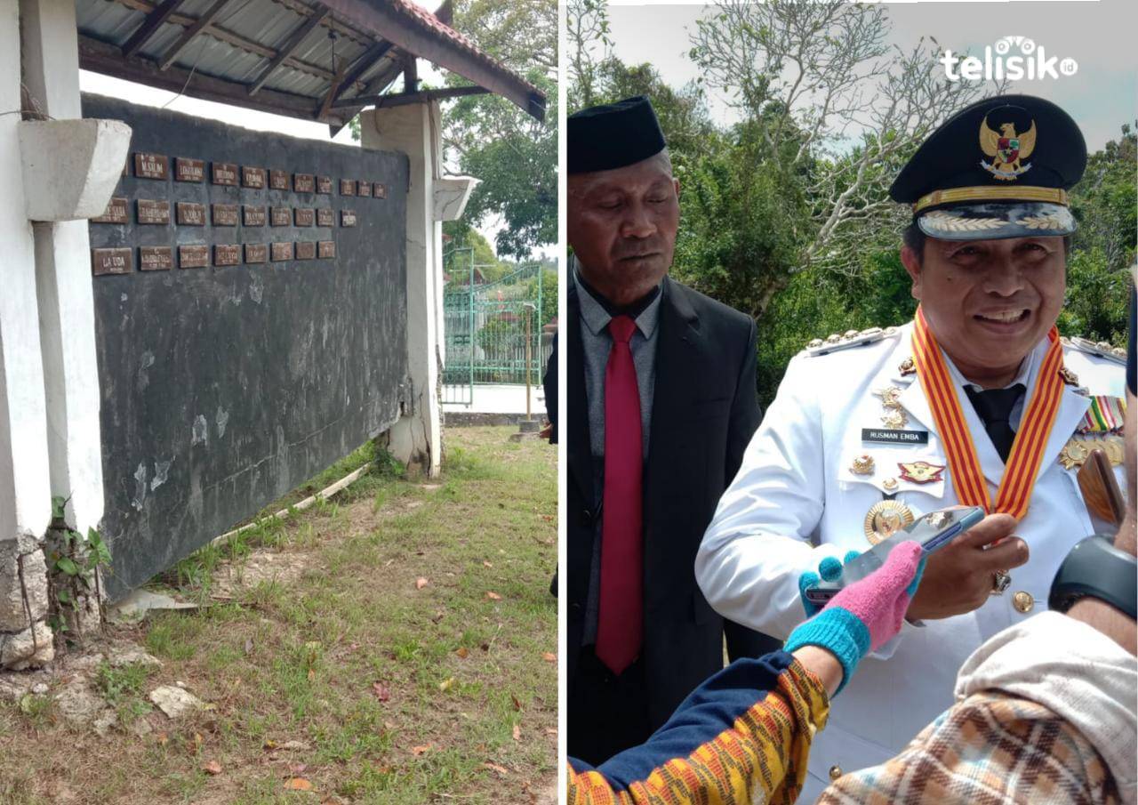 Kondisi papan abadi TMP Watoputeh dan Bupati Muna, LM Rusman Emba. Foto: Sunaryo/Telisik