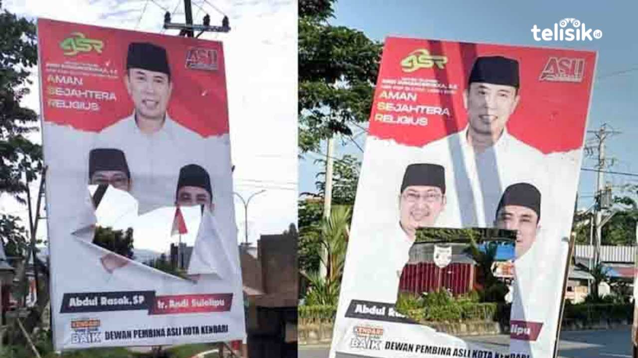 Nampak sejumlah baliho bakal pasangan calon Wali Kota Kendari Abdul Rasak-Andi Sulolipu telah rusak. Foto: Kardin/Telisik