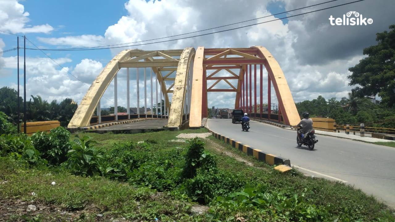 Kondisi jembatan kuning Pasar Baru, Kelurahan Lalolara, Kecamatan Kambu, Kota Kendari, tampak tidak terawat, berlumut dan rumput tumbuh di sekitarnya Foto: Pangga Rahmad/Telisik
