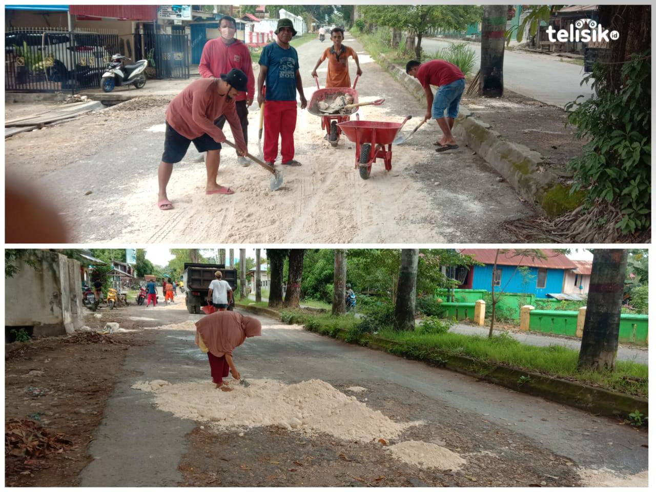 Warga Jalan Diponegoro memperbaiki jalan rusak secara swadaya menggunakan batu kapur. Foto: Sunaryo/Telisik